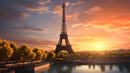 The iconic Eiffel Tower standing tall against a Parisian sunset, - obrazy, fototapety, plakaty