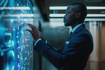 Focused African American businessman using futuristic interface representing innovation, leadership, and technology management concept