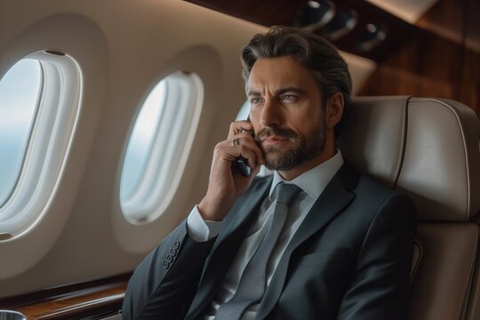 Successful businessman on phone in private jet cabin symbolizing business travel and elite communication in luxury transport concept