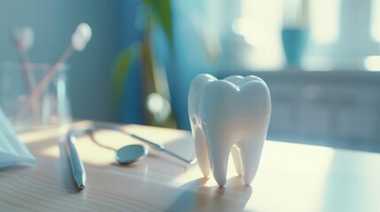 Close-up view of human tooth 3D model on table