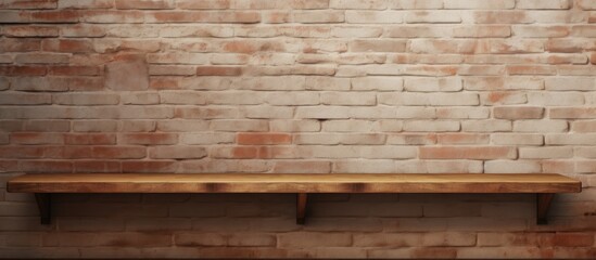 Vacant wooden shelf against a brick wall