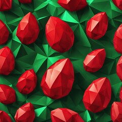 Abstract red polygonal eggs on a green polygonal background.