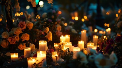 A memorial with flowers and candles for those lost in a bomb attack, the light casting a solemn mood on the gathered mourners.
