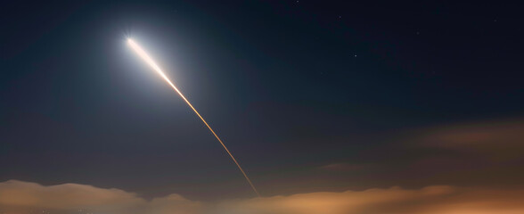 A missile interceptor darts across the night sky, lit by the city lights below, protecting against warhead threats.
