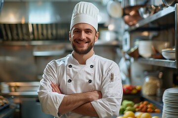 Smiling professional chef in a white uniform proudly standing in a restaurant kitchen, Concept of culinary excellence and passion in gastronomy