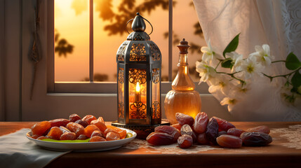 Fototapeta na wymiar Elegant Ramadan blessings with lantern and dates 