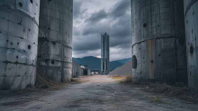 A hidden missile site with huge silos and strong bunkers, hiding deadly weapons inside, a sign of the endless competition for military power