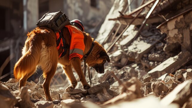 A dog and its owner look for people under the broken building.