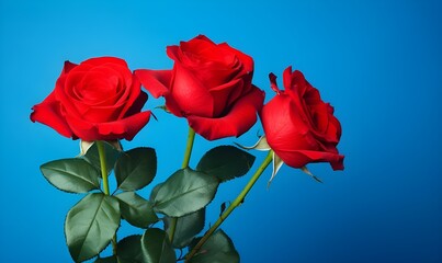 Obraz premium Red roses flowers on blue background. Generative ai