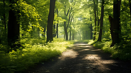 Tranquil forest pathway dappled in sunlight,
