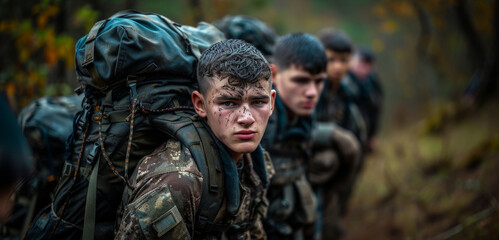 Fototapeta na wymiar military cadets participating in a grueling endurance march, their heavy packs and weary expressions testament to the physical and mental challenges