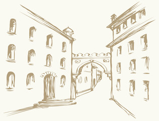 Vector cityscape. The narrow medieval streets of the old town