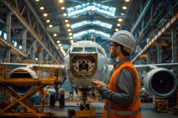 Diligent aerospace engineer inspecting airplane in hangar, symbolizing precision and expertise in aviation maintenance, Concept of engineering, technology, and aircraft industry.