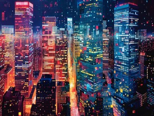 Obraz premium A skyline office building scene illuminated by the dazzling lights of the city at night