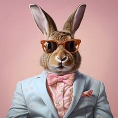 Portrait of a brown rabbit wearing a blue jacket, pink shirt and bow tie and sunglasses. Minimal Easter concept. Pastel colors.