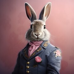 A brown rabbit wearing a dark blue jacket and a pink shirt. Minimal Easter concept. Pastel pink background. 
