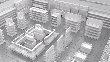 Grocery store layout top view with empty shelves. 3d illustration