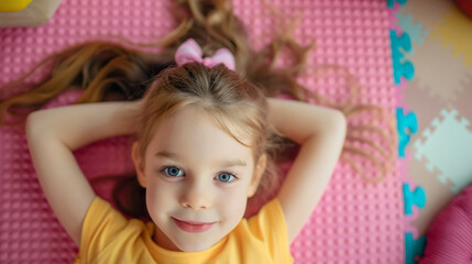 Obraz na płótnie Canvas Top view of the beautiful and cute preschool girl looking at the camera and smiling, lying down on the colorful floor in the daycare school, room interior indoors. Happy female toddler child or kid