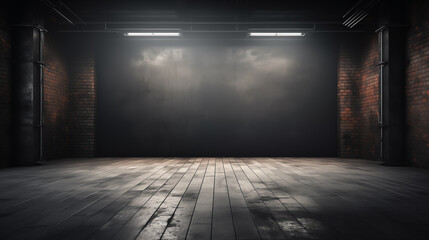 Dark grey gradient background spotlight on empty studio room. Empty dark abstract cement wall and...