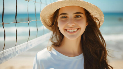 Closeup of the beautiful young woman with brunette hair wearing a straw hat, standing on the sand...