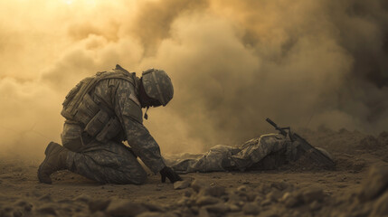 A soldier bending low by a fallen mate, his head low in sorrow as he respects a life ended for his duty, with a calm battle area around him. AI generated - obrazy, fototapety, plakaty