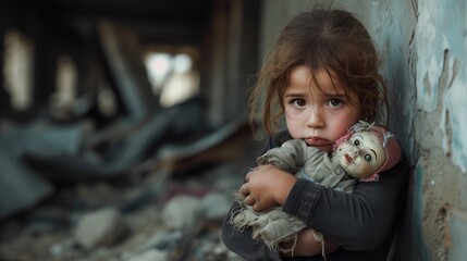 A child with a torn doll in the debris of streets ruined by war, eyes large with fear and innocence gone, a moving symbol of the price of conflict on the most helpless.