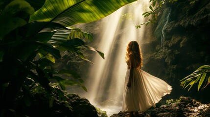 A stunning woman model with silky, smooth hair posing under a falling waterfall, encircled by rich vegetation.