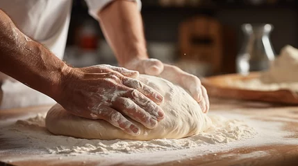 Papier Peint photo autocollant Pain Hands of baker kneading dough isolated on black background. Bakers hands kneading dough for bread