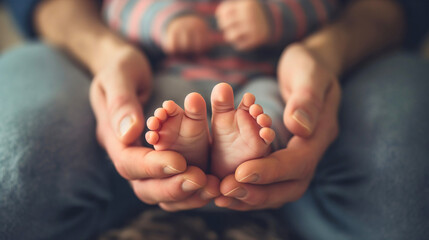 Closeup of the father holding his little baby's feet in his hands. Dad and his little newborn infant daughter or son together indoors. Daddy and his child. Parenthood concept, love and protection - obrazy, fototapety, plakaty