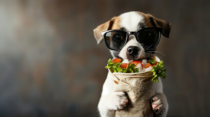 A puppy in sunglasses holds a veggie wrap, gazing cutely.