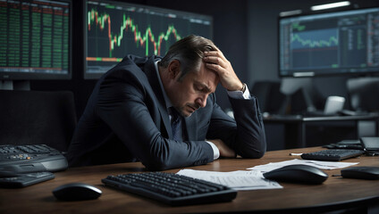 Businessmen clutching their heads in stress from the stock market collapse against the backdrop of falling charts. - obrazy, fototapety, plakaty