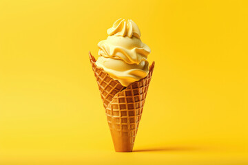 A swirl of soft-serve ice cream perched on a waffle cone against a monochrome yellow background, evoking simplicity and summer sweetness. - obrazy, fototapety, plakaty