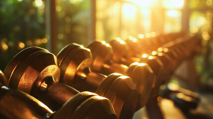 Closeup row of gold dumbbells in a modern gym interior room or workout club indoors. Training and exercise equipment, healthy lifestyle, weights for strength training, nobody, sunlight, copy space