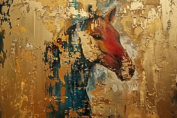 A painting of abstract oil. Art painting, gold, horse, canvas, wall art, modern artwork, paint spots, paint strokes, knife painting, large stroke painting, mural, wall art.