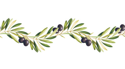 Seamless border with black olives, branch and leaves. Botanical banner for design or print. - 753668890