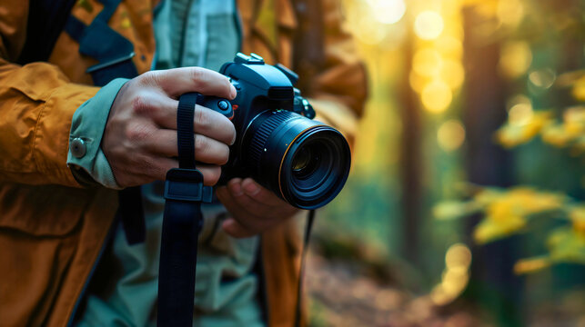 Closeup of a man holding a black camera device, taking a photo or a picture of a autumn or fall season forest, yellow leaves. Male professional photographer work, nature photoshoot