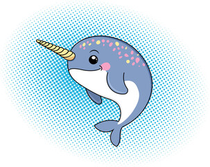 Cute cartoon narwhal funny kawaii characters vector illustration. Sea unicorn. Decorative background made of dots. For children, holidays, fairy tales, children's rooms.