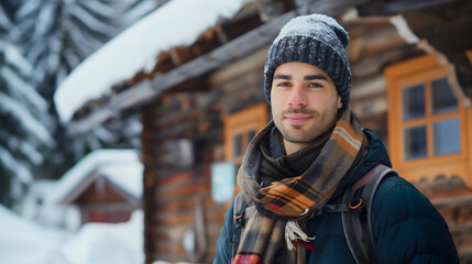 Portrait of the young man standing in front of the wooden cabin house or cottage during the winter vacation holiday season, snow falling, he is wearing a jacket and a cap. Smiling at the camera - obrazy, fototapety, plakaty