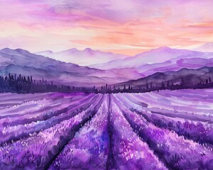 Elegant watercolor lavender field purple hues with a sunset backdrop