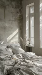 Poster a bedroom showing white and grey walls, in the style of beijing east village, textile installation, photorealistic detail, pure color, sheet film, hard-edged lines, soft, romantic scenes © lililia