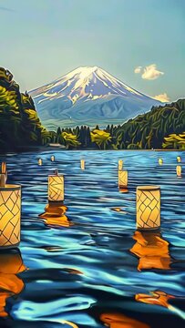 Paper lanterns float on dark water. Traditional Floating Lantern Festival