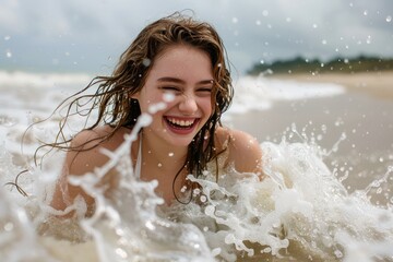 Obraz premium Joyful Young Woman Laughing in the Ocean Waves on Sunny Beach Day