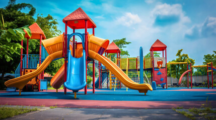 Empty preschool or toddler children's playground with colorful slides and swings on a sunny summer or spring day outdoors. Outside kindergarten playing and leisure recreational activities park