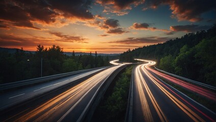 Beautiful sunset in the mountains with car light trails and long exposure - obrazy, fototapety, plakaty