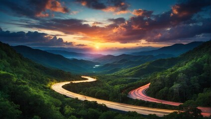 Beautiful sunset in the mountains with car light trails and long exposure - obrazy, fototapety, plakaty