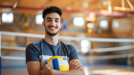 Portrait of a young male volleyball sport player, man holding a red, blue and white volleyball ball...