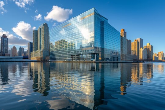 Office buildings cast shimmering reflections on the calm waters below