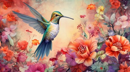 Fototapeta premium A hummingbird illustration hovering over flowers in bright colors