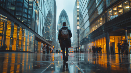 Back view of a solitary businessman with a backpack walking between high-rise buildings on a wet, reflective street..