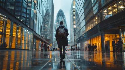 Fotobehang Back view of a solitary businessman with a backpack walking between high-rise buildings on a wet, reflective street.. © Varunee